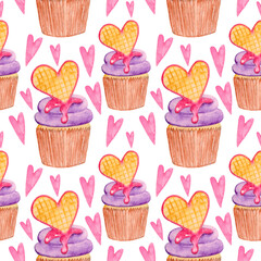watercolor pattern valentine's day, cake with hearts, pink elements, blank for printing, print, textiles, greetings, leaflets