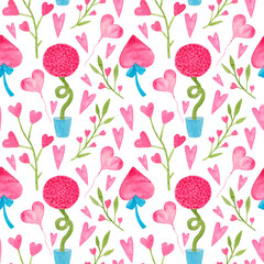 Fototapeta na wymiar watercolor seamless pattern with pink elements for the Valentine's Day holiday. hearts, branches , a tree . Suitable for textiles, printed products, greeting cards