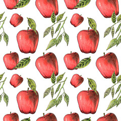 apple fruit seamless pattern with colored pencils . stylish blank for fabric, printed products, interior design, leaves and red juicy fruit on a white background