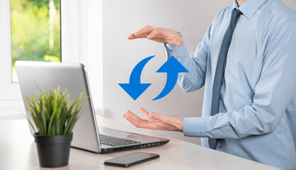 Cloud technology. Polygonal wireframe cloud storage sign with two arrows up and down on dark ....