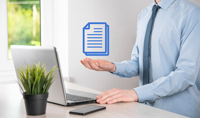 Businessman man holding a document icon in his hand Document Management Data System Business...