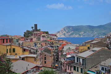 Fototapeta na wymiar High angle view of scenic Mediterranean town - Cinque Terre, Corniglia, Italy
