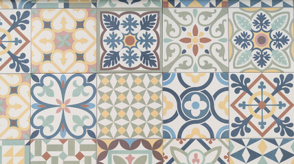 classic mosaic ceramic tile pattern azulejo vintage tiles background - obrazy, fototapety, plakaty