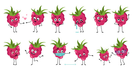 Set of cute raspberry characters with emotions, face, arms and legs. Smile or sad sweet berries with eyes, heroes fall in love, keep their distance, dance or cry