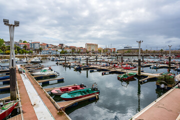 Fototapeta na wymiar Panoramic view of the Ferrol port. Boats moored.