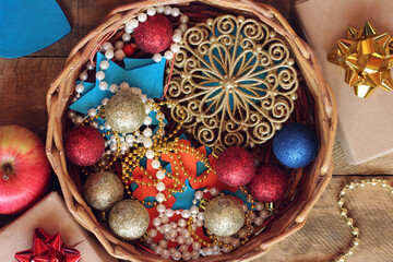 background with Christmas toys, top view.