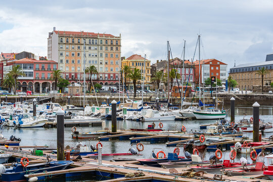 Boats moored in old port of Ferrol, Galicia, Spain