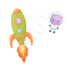 Cute little rhino flying in green rocket. Cartoon hippo character in space costume with rocket on white background. Design for baby shower, invitation card, wall decor. Vector illustration