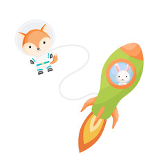 Cute little hare flying in green rocket. Cartoon fox character in space costume with rocket on white background. Design for baby shower, invitation card, wall decor. Vector illustration
