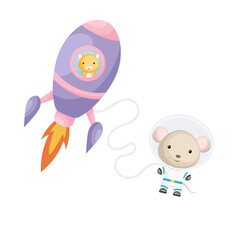 Cute little hamster flying in violet rocket. Cartoon mouse character in space costume with rocket on white background. Design for baby shower, invitation card, wall decor. Vector illustration