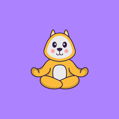 Cute dog is meditating or doing yoga. Animal cartoon concept isolated. Can used for t-shirt, greeting card, invitation card or mascot. Flat Cartoon Style