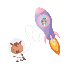 Cute little donkey flying in violet rocket. Cartoon horse character in space costume with rocket on white background. Design for baby shower, invitation card, wall decor. Vector illustration