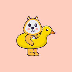 Cute dog With Duck buoy. Animal cartoon concept isolated. Can used for t-shirt, greeting card, invitation card or mascot. Flat Cartoon Style