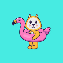 Cute dog With flamingo buoy. Animal cartoon concept isolated. Can used for t-shirt, greeting card, invitation card or mascot. Flat Cartoon Style