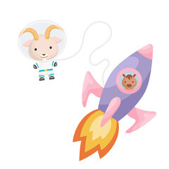 Cute little horse flying in violet rocket. Cartoon goat character in space costume with rocket on white background. Design for baby shower, invitation card, wall decor. Vector illustration