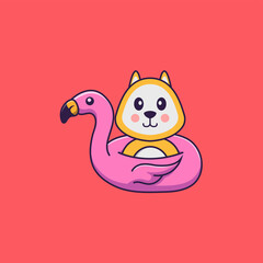Cute dog With flamingo buoy. Animal cartoon concept isolated. Can used for t-shirt, greeting card, invitation card or mascot. Flat Cartoon Style
