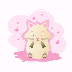 Cute fluffy cat is laughing on a pink background . Children's illustration of animals.