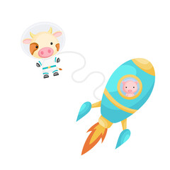 Cute little pig flying in aqua rocket. Cartoon cow character in space costume with rocket on white background. Design for baby shower, invitation card, wall decor. Vector illustration
