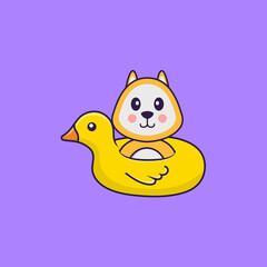 Cute dog With Duck buoy. Animal cartoon concept isolated. Can used for t-shirt, greeting card, invitation card or mascot. Flat Cartoon Style