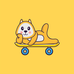Cute dog lying on a skateboard. Animal cartoon concept isolated. Can used for t-shirt, greeting card, invitation card or mascot. Flat Cartoon Style