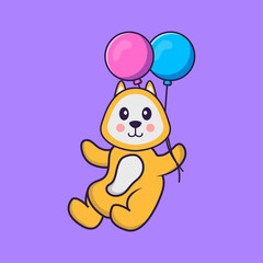 Cute dog flying with two balloons. Animal cartoon concept isolated. Can used for t-shirt, greeting card, invitation card or mascot. Flat Cartoon Style