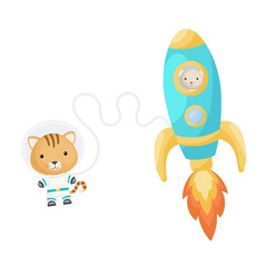 Cute little mouse flying in aqua rocket. Cartoon cat character in space costume with rocket on white background. Design for baby shower, invitation card, wall decor. Vector illustration