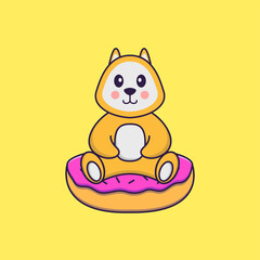 Cute dog is sitting on donuts. Animal cartoon concept isolated. Can used for t-shirt, greeting card, invitation card or mascot. Flat Cartoon Style