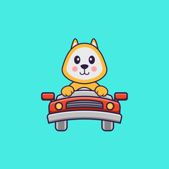 Cute dog is driving. Animal cartoon concept isolated. Can used for t-shirt, greeting card, invitation card or mascot. Flat Cartoon Style