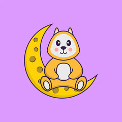 Cute dog is sitting on the moon. Animal cartoon concept isolated. Can used for t-shirt, greeting card, invitation card or mascot. Flat Cartoon Style