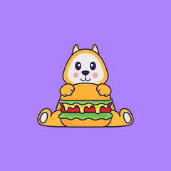 Cute dog eating burger. Animal cartoon concept isolated. Can used for t-shirt, greeting card, invitation card or mascot. Flat Cartoon Style