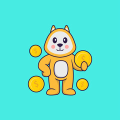 Cute dog holding coin. Animal cartoon concept isolated. Can used for t-shirt, greeting card, invitation card or mascot. Flat Cartoon Style