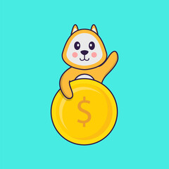 Cute dog holding coin. Animal cartoon concept isolated. Can used for t-shirt, greeting card, invitation card or mascot. Flat Cartoon Style