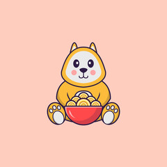 Cute dog eating ramen noodles. Animal cartoon concept isolated. Can used for t-shirt, greeting card, invitation card or mascot. Flat Cartoon Style