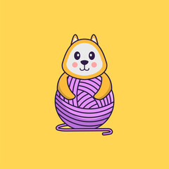 Cute dog playing with wool yarn. Animal cartoon concept isolated. Can used for t-shirt, greeting card, invitation card or mascot. Flat Cartoon Style