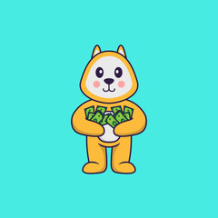 Cute dog holding money. Animal cartoon concept isolated. Can used for t-shirt, greeting card, invitation card or mascot. Flat Cartoon Style