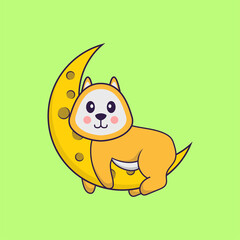 Cute dog is on the moon. Animal cartoon concept isolated. Can used for t-shirt, greeting card, invitation card or mascot. Flat Cartoon Style