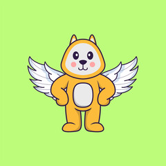 Cute dog using wings. Animal cartoon concept isolated. Can used for t-shirt, greeting card, invitation card or mascot. Flat Cartoon Style