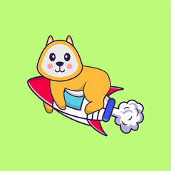 Cute dog flying on rocket. Animal cartoon concept isolated. Can used for t-shirt, greeting card, invitation card or mascot. Flat Cartoon Style
