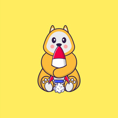 Cute dog holding a rocket. Animal cartoon concept isolated. Can used for t-shirt, greeting card, invitation card or mascot. Flat Cartoon Style