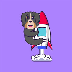 Cute dog flying on rocket. Animal cartoon concept isolated. Can used for t-shirt, greeting card, invitation card or mascot. Flat Cartoon Style
