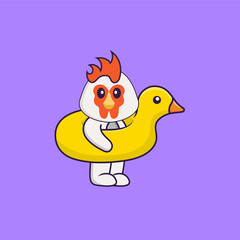 Cute chicken With Duck buoy. Animal cartoon concept isolated. Can used for t-shirt, greeting card, invitation card or mascot. Flat Cartoon Style