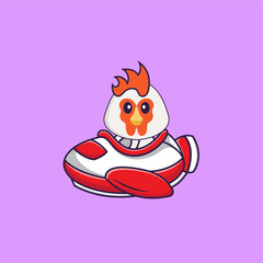 Cute chicken flying on a plane. Animal cartoon concept isolated. Can used for t-shirt, greeting card, invitation card or mascot. Flat Cartoon Style