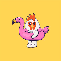 Cute chicken With flamingo buoy. Animal cartoon concept isolated. Can used for t-shirt, greeting card, invitation card or mascot. Flat Cartoon Style