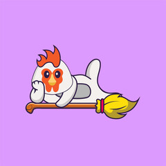Cute chicken lying on Magic Broom. Animal cartoon concept isolated. Can used for t-shirt, greeting card, invitation card or mascot. Flat Cartoon Style