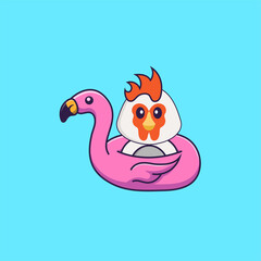 Cute chicken With flamingo buoy. Animal cartoon concept isolated. Can used for t-shirt, greeting card, invitation card or mascot. Flat Cartoon Style