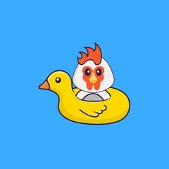 Cute chicken With Duck buoy. Animal cartoon concept isolated. Can used for t-shirt, greeting card, invitation card or mascot. Flat Cartoon Style