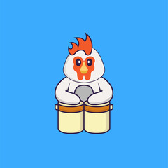 Cute chicken is playing drums. Animal cartoon concept isolated. Can used for t-shirt, greeting card, invitation card or mascot. Flat Cartoon Style