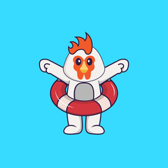 Cute chicken using a float. Animal cartoon concept isolated. Can used for t-shirt, greeting card, invitation card or mascot. Flat Cartoon Style