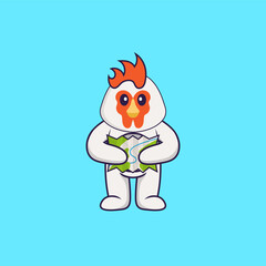 Cute chicken holding a map. Animal cartoon concept isolated. Can used for t-shirt, greeting card, invitation card or mascot. Flat Cartoon Style