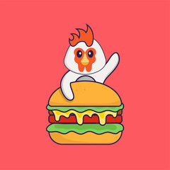 Cute chicken eating burger. Animal cartoon concept isolated. Can used for t-shirt, greeting card, invitation card or mascot. Flat Cartoon Style